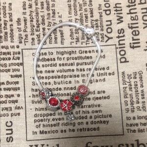 Chic Silver and Red Floral Charm Bracelet